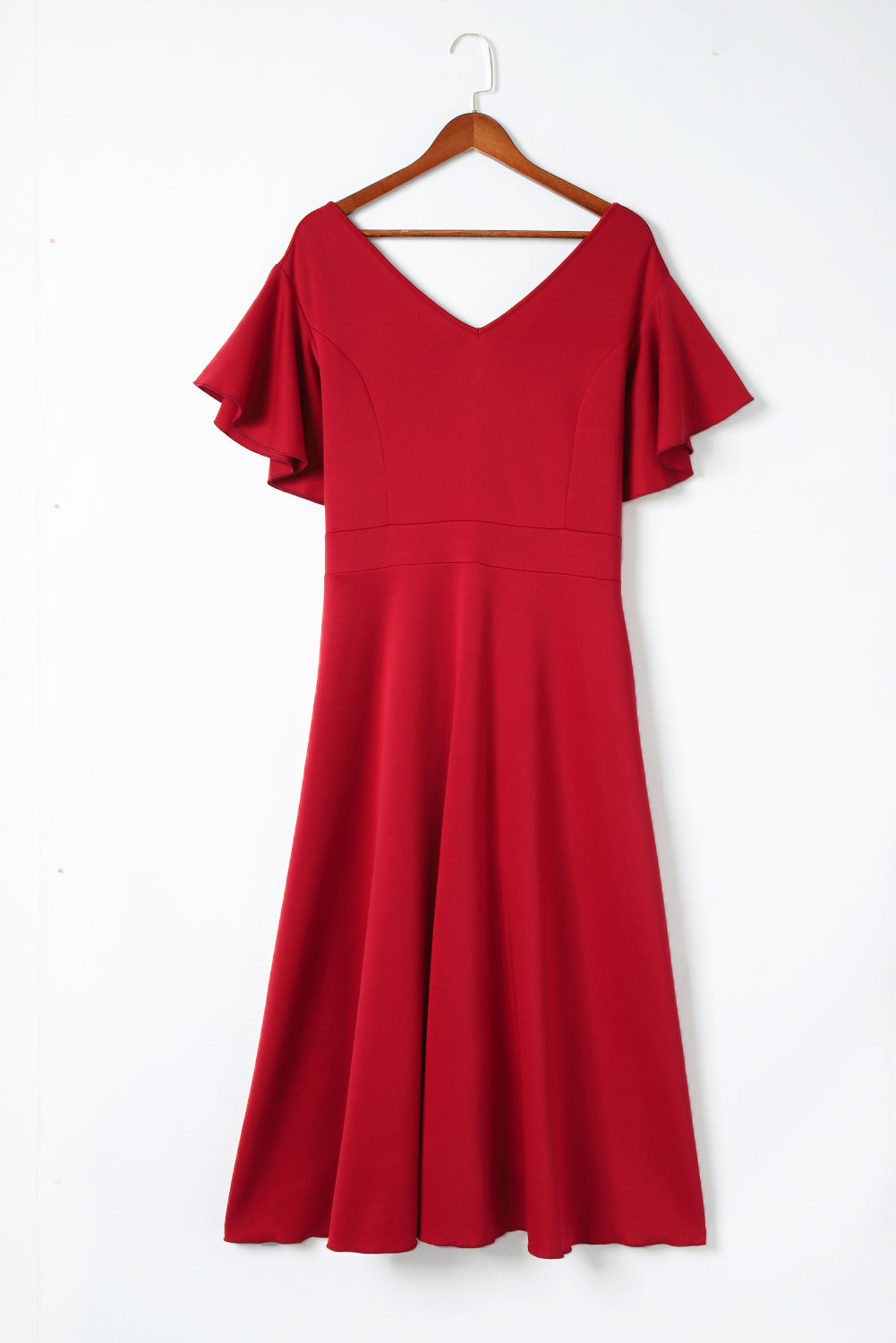 Red Plus Size Short Flutter Sleeve Midi Dress