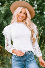 White Mock Neck Ruffled Long Sleeve Lace Top