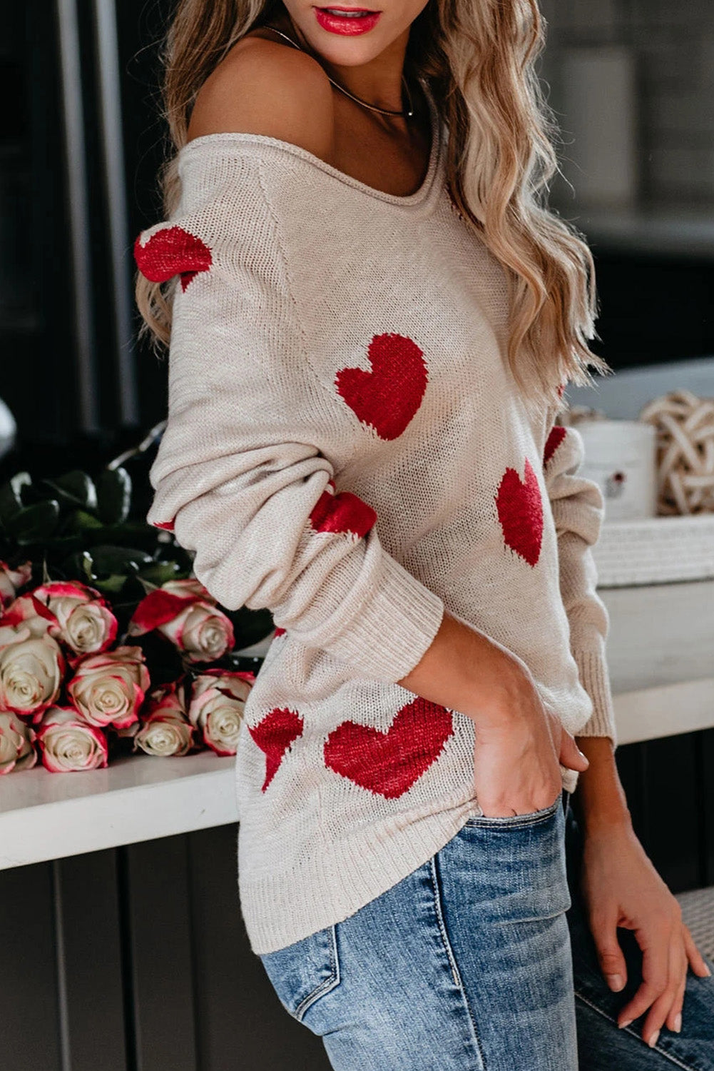 Red Heart Pattern V Neck Knit Sweater