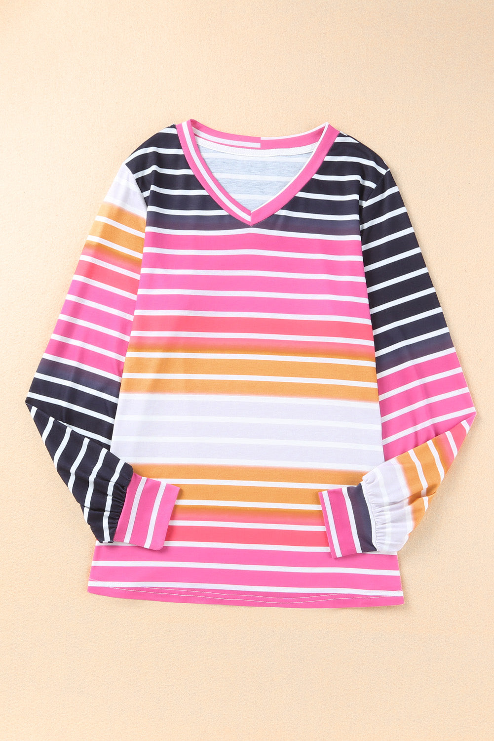 Multicolor Gradient Striped Long Sleeve V-Neck Blouse