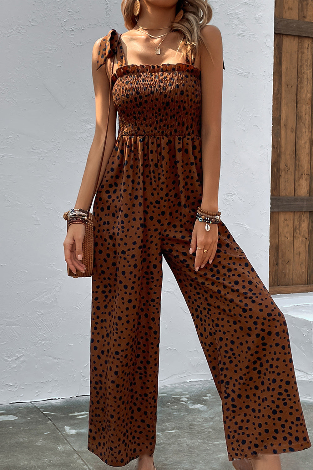 Brown Cheetah Print Smocked Wide Leg Jumpsuit