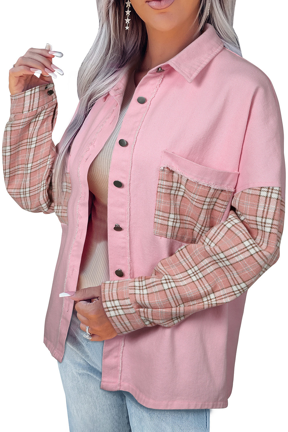 Pink Plaid Patchwork Raw Hem Shacket