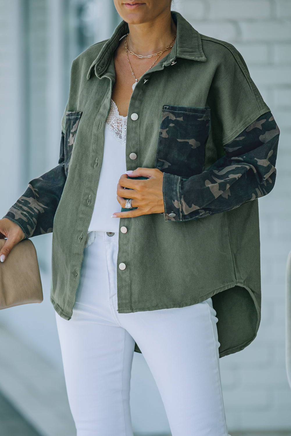 Green Camo Print Patchwork Button-up Jacket