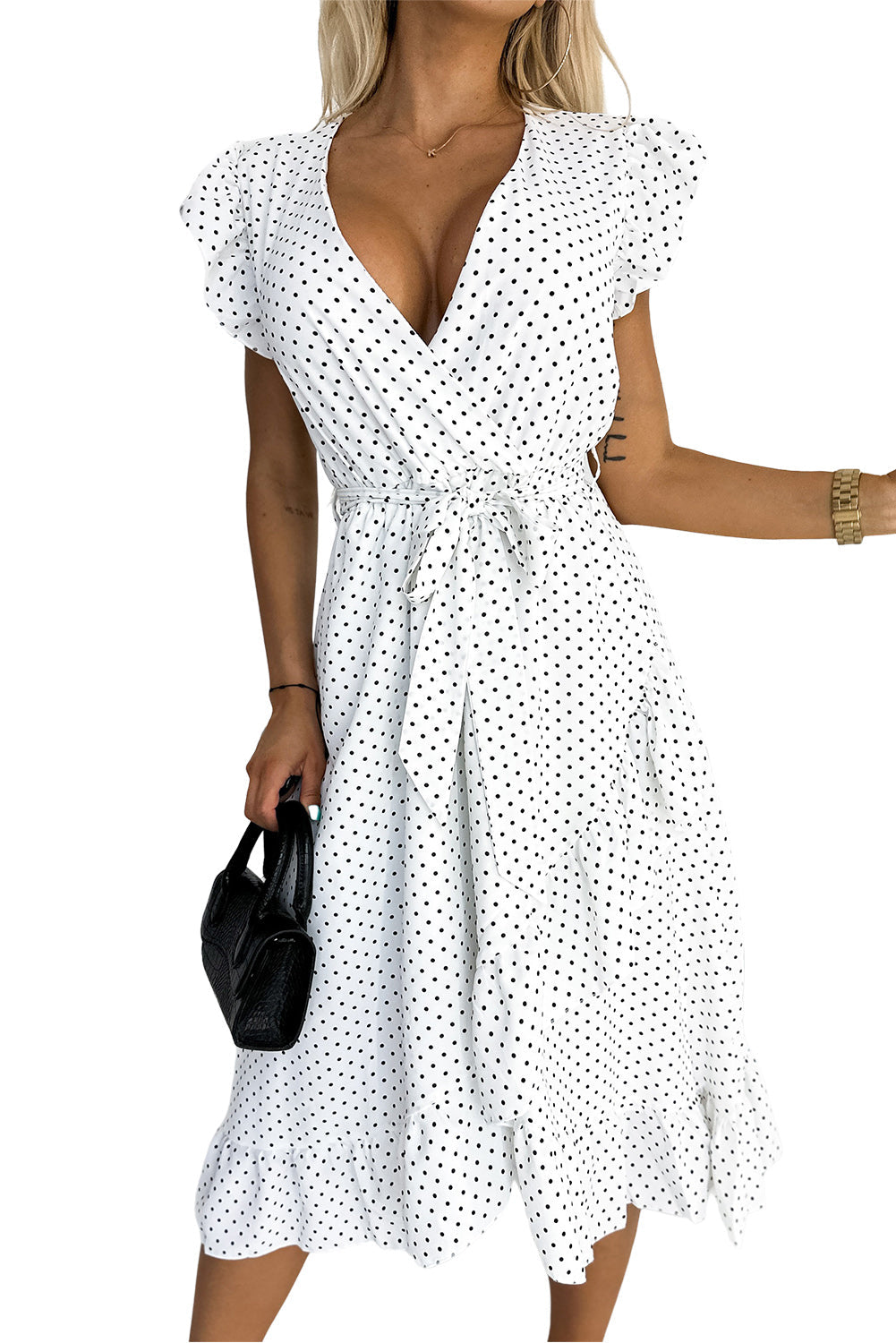 White Polka Dot V Neck Wrap Tie Ruffled Sleeve Midi Dress