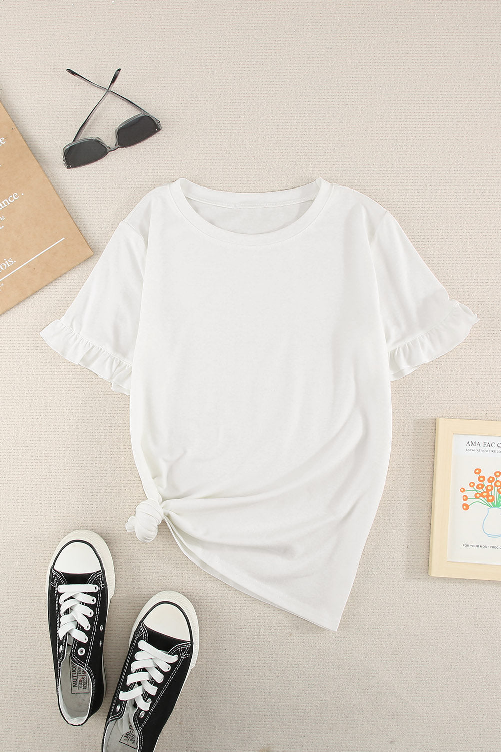 White Solid Ruffled Short Sleeve T-shirt