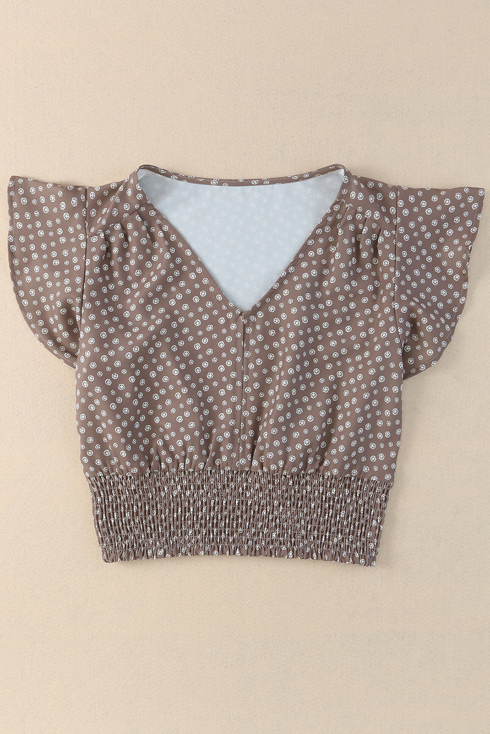 Brown V Neck Flutter Sleeves Polka Dot Smocked Hem Crop Top