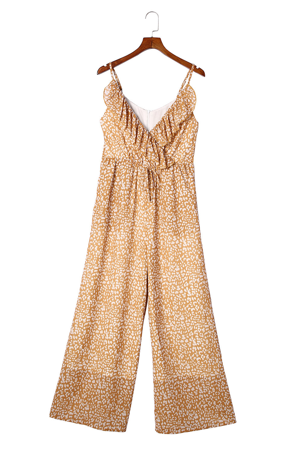 Yellow Leopard Print Drawstring Ruffled V Neck Jumpsuit