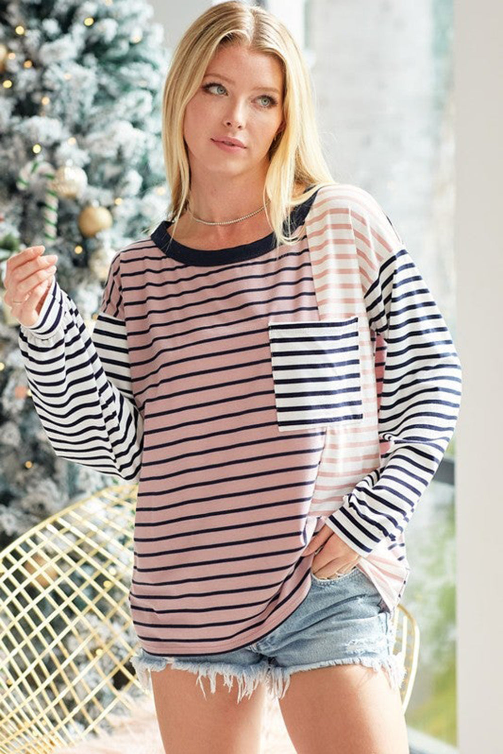 Striped Patchwork Pocketed Long Sleeve Top