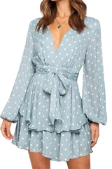 Sky Blue V Neck Baggy Sleeve Waist Tie Double Layer Ruffle Hem Dotted Print Short Dress