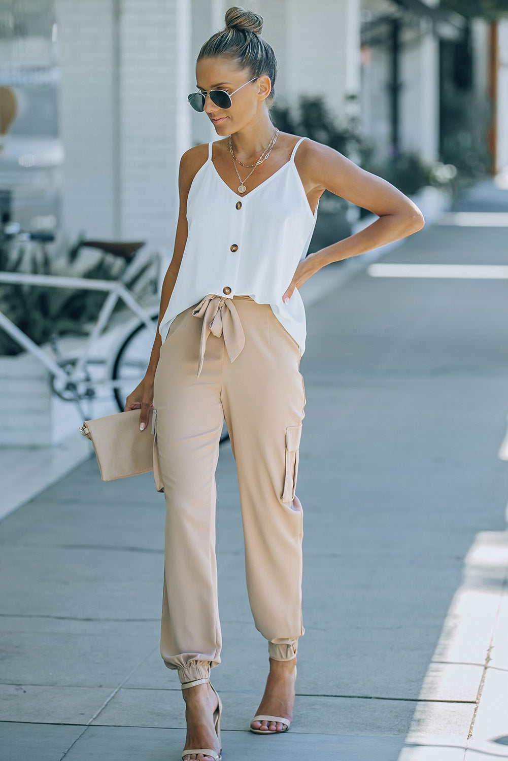 Khaki Side Pockets Slim Fit Knotted High Waist Pants