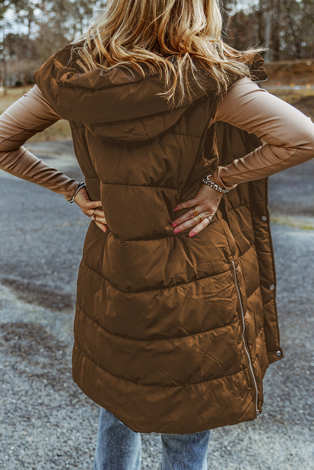 Dark Grey Hooded Long Quilted Vest Coat