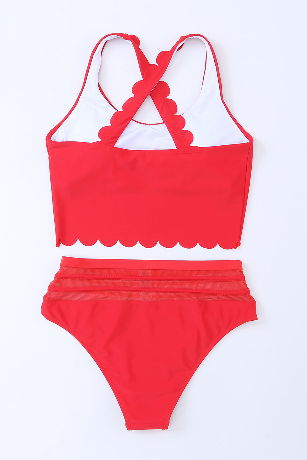 Red Scalloped Criss Cross High Waist Bikini