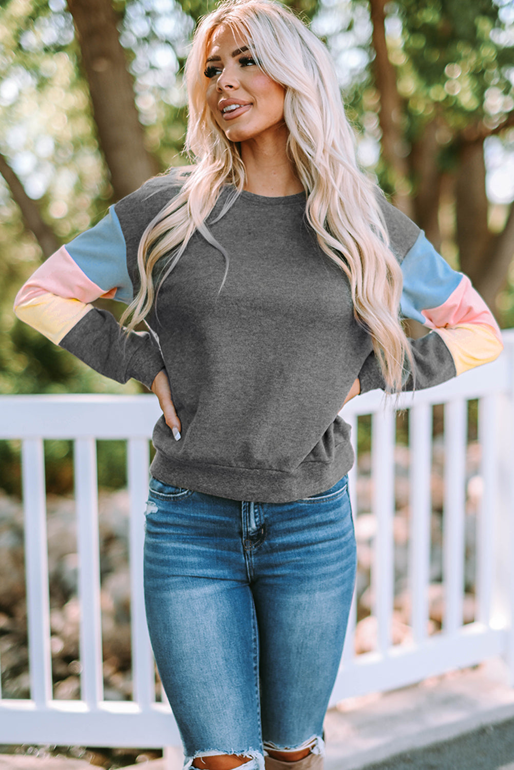 Blue Colorblock Long Sleeve Pullover Sweatshirt