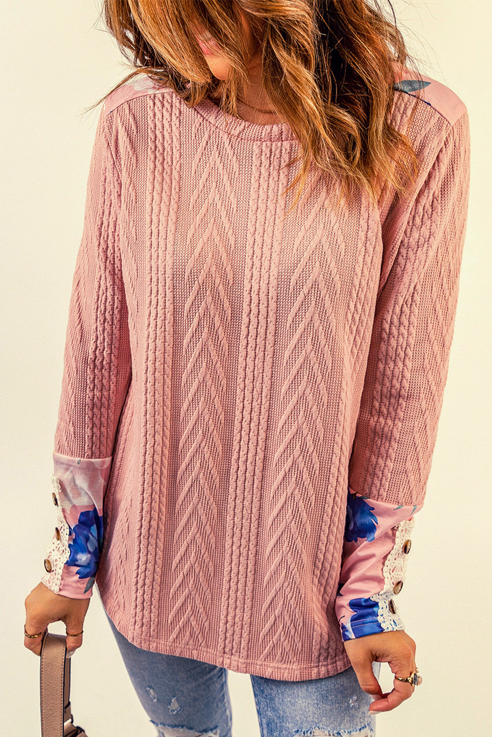 Pink Floral Lace Patchwork Knitted Long Sleeve Top