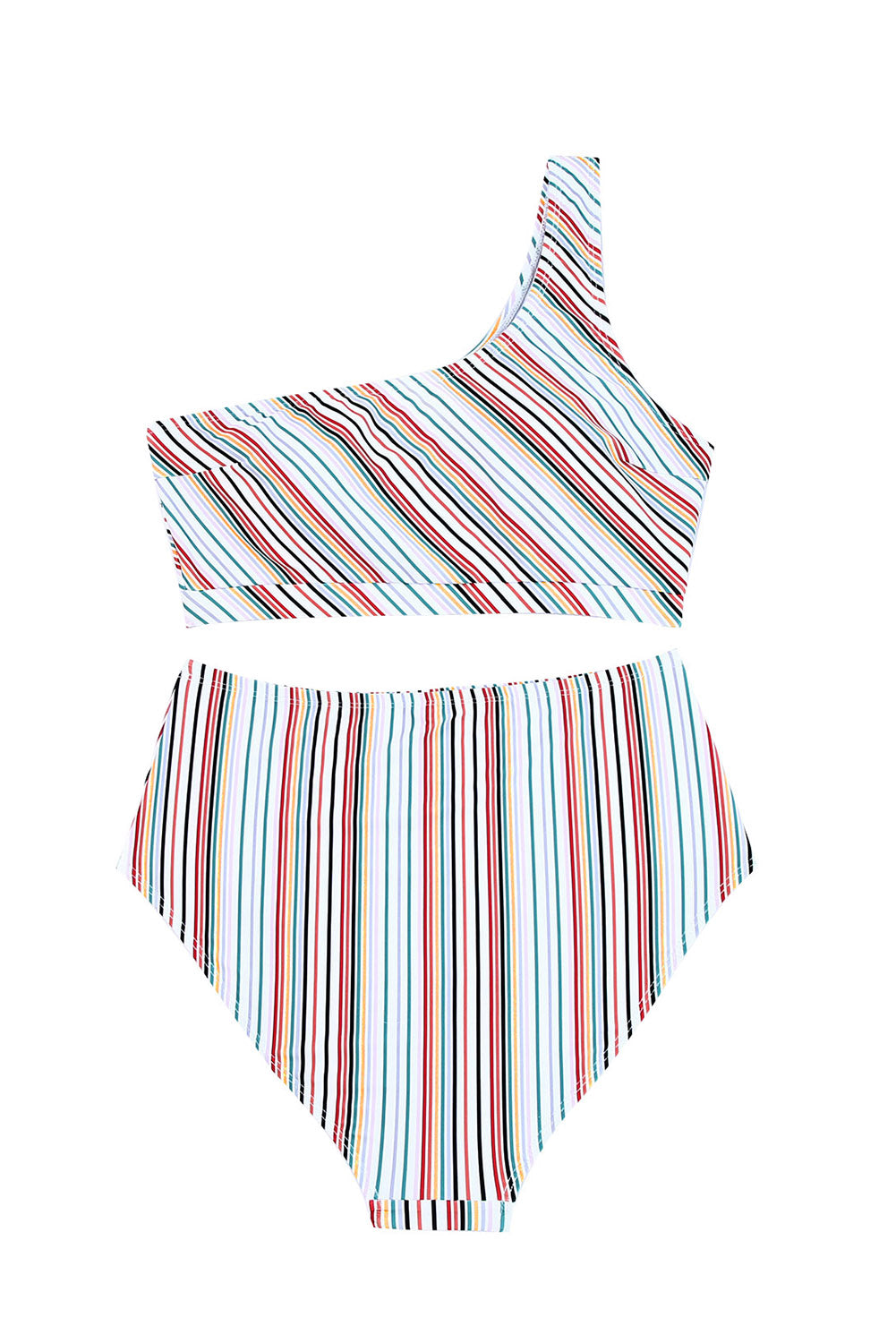 Multi Striped One Shoulder Bikini High Waist Swimsuit