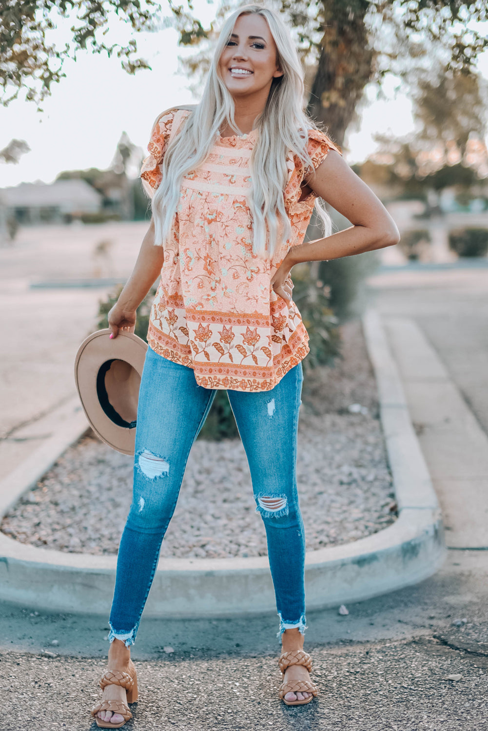 Sky Blue Floral Print Ruffled Crew Neck Sleeveless Top