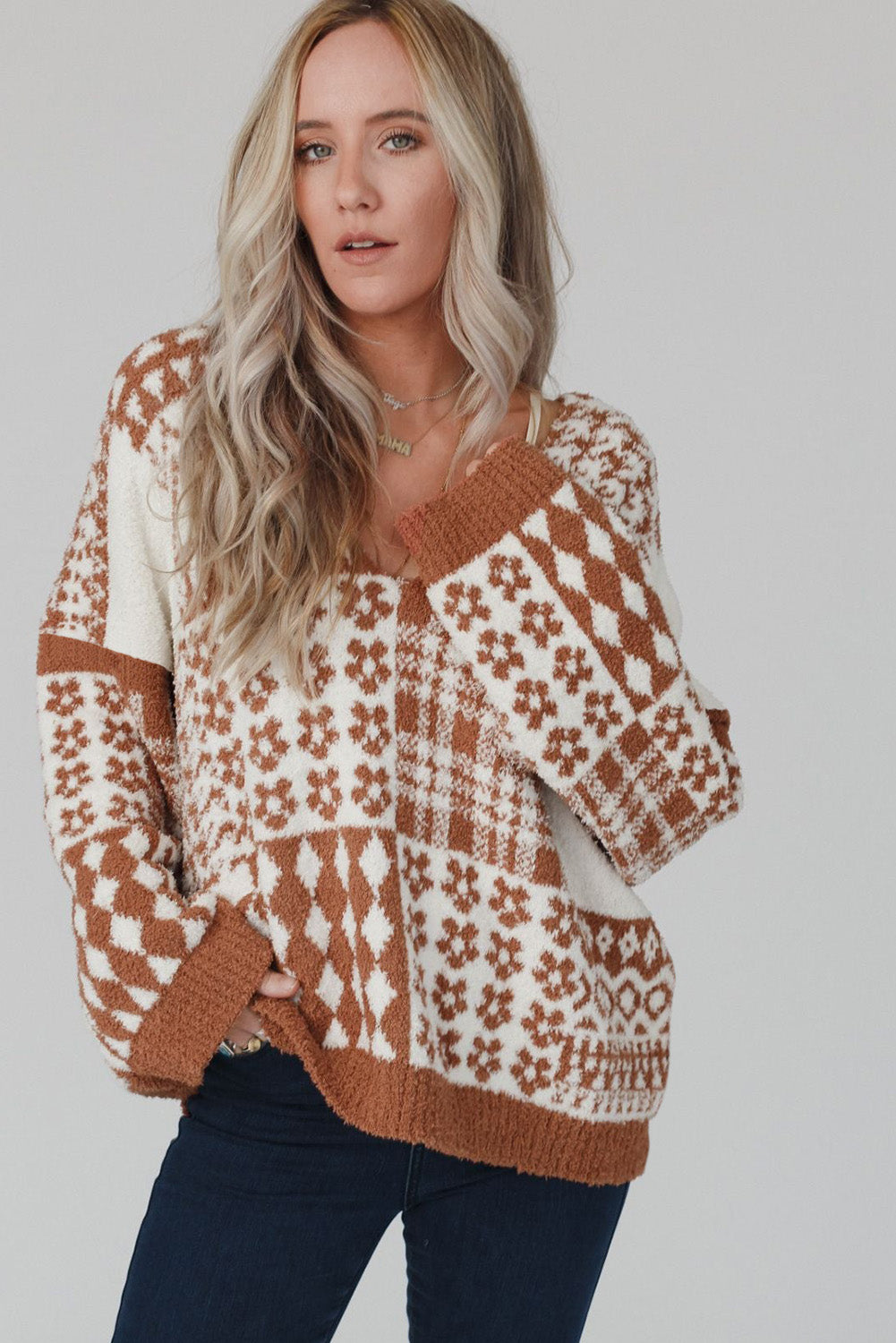 Brown Mixed Pattern V-Neck Oversized Sweater