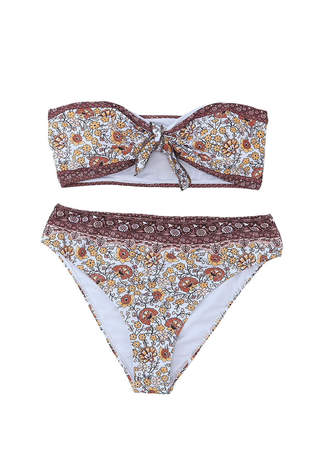 Multicolor Ethnic Floret Print Bow Tie Bikini 2pcs Swimsuit