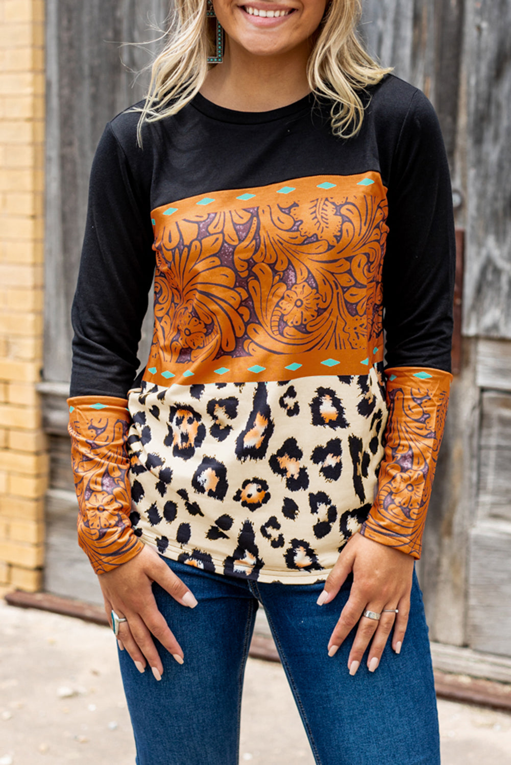 Black Leopard Tribal Print Splicing Long Sleeve Top