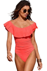 Pink Off the Shoulder Lace-Up Back Ruffle One-Piece Swimsuit