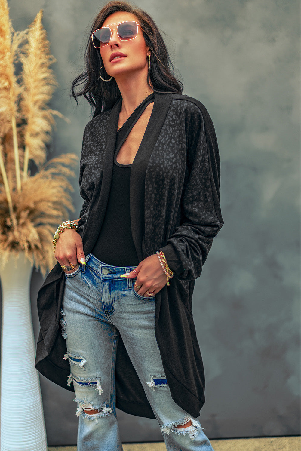 Black Leopard Parchwork Open Front Cardigan
