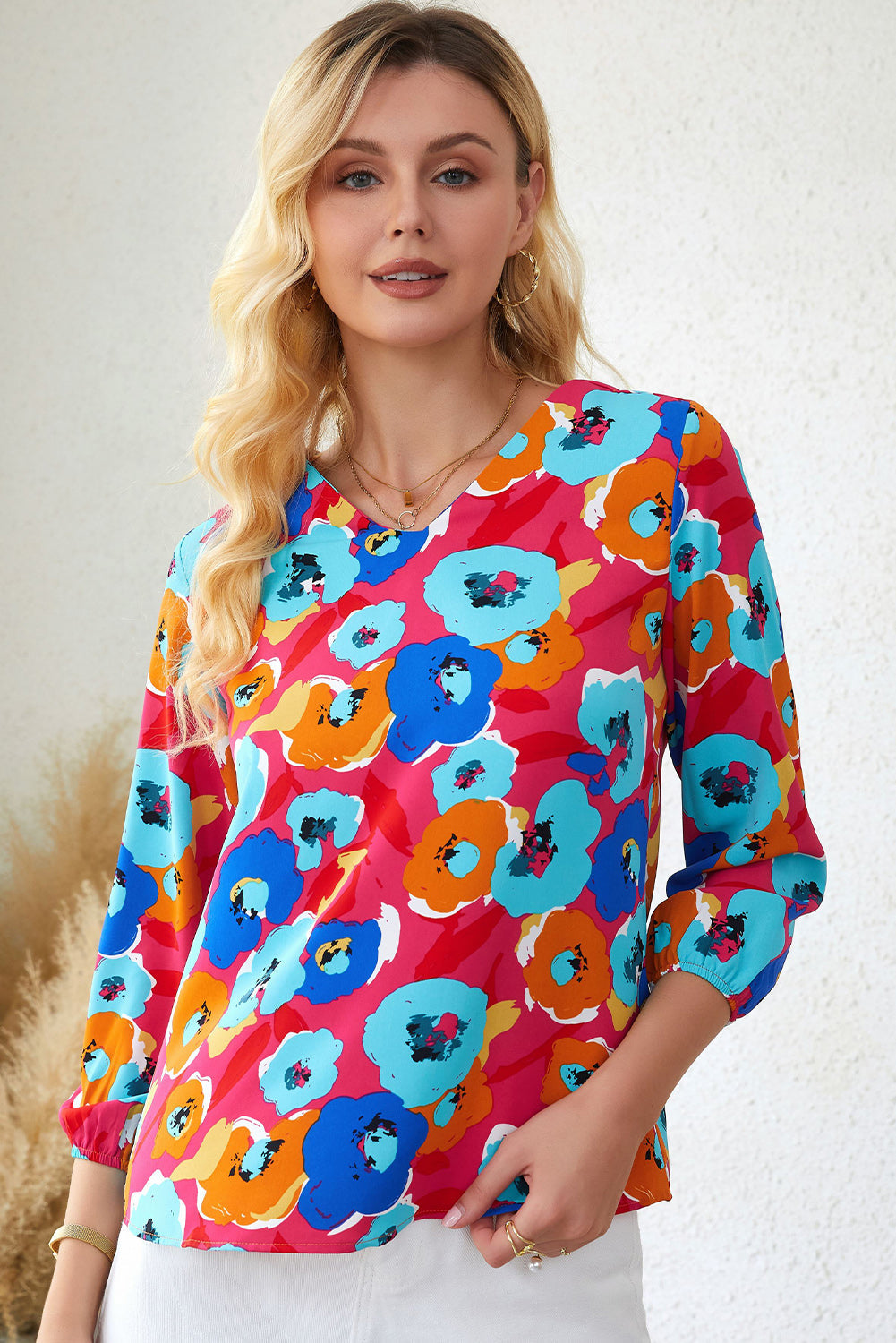 Multicolor Split V Collar Ruffle Sleeve Floral Shift Dress