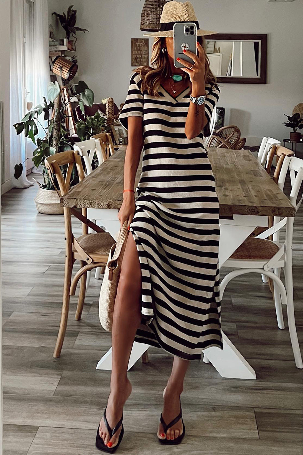 Black Stripe Print V Neck Maxi Dress with Side Splits