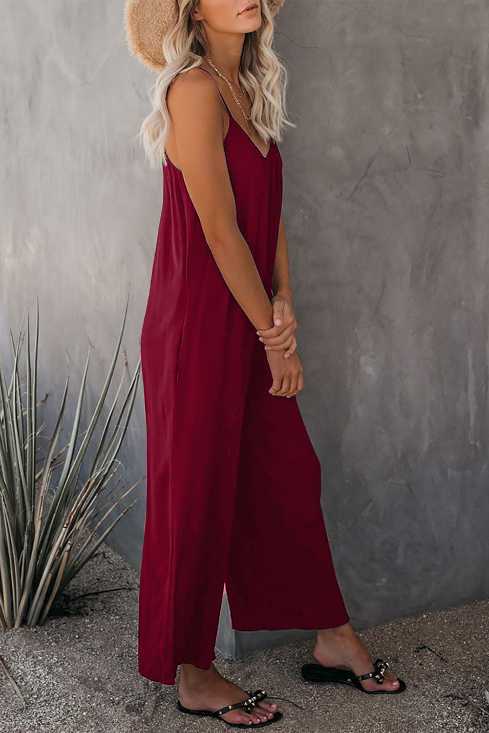 Black Spaghetti Straps Wide Leg Pocketed Jumpsuits