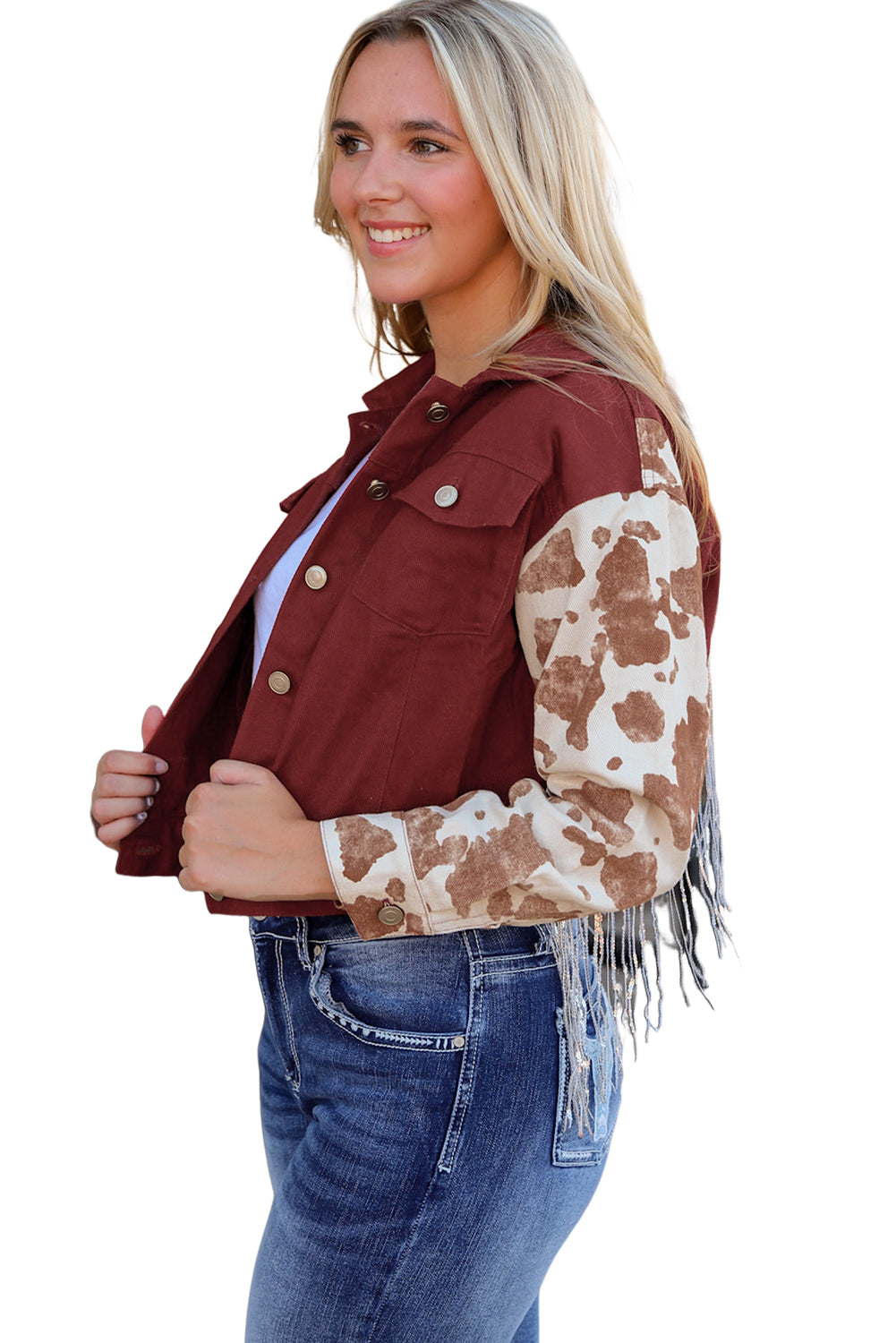 Red Abstract Print Sleeve Back Fringed Cropped Denim Jacket