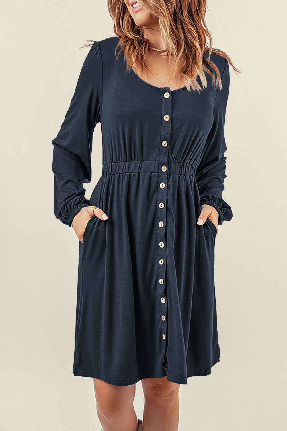 Red Button Up High Waist Long Sleeve Dress