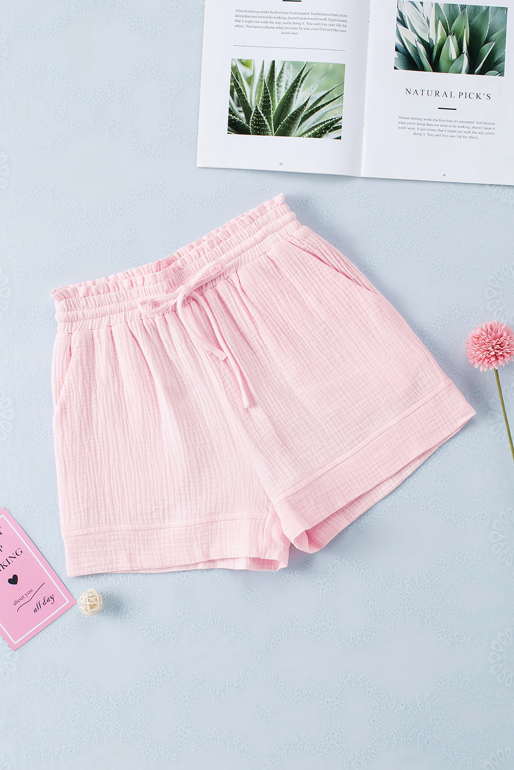 Pink Drawstring Waist Pocketed Lounge Shorts