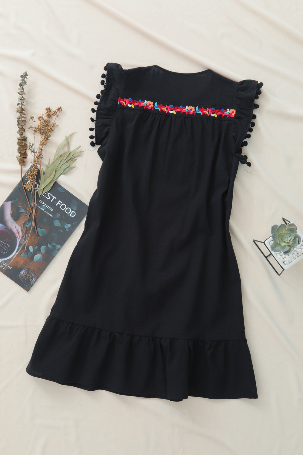 Black Boho Print Pompom Sleeve Shift Dress