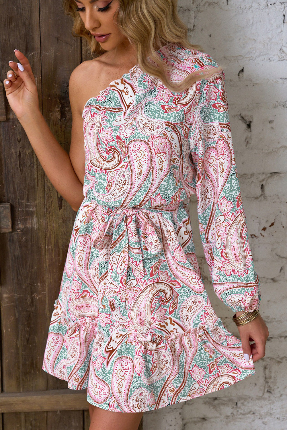 Pink Paisley Print One Shoulder Lace-up High Waist Mini Dress