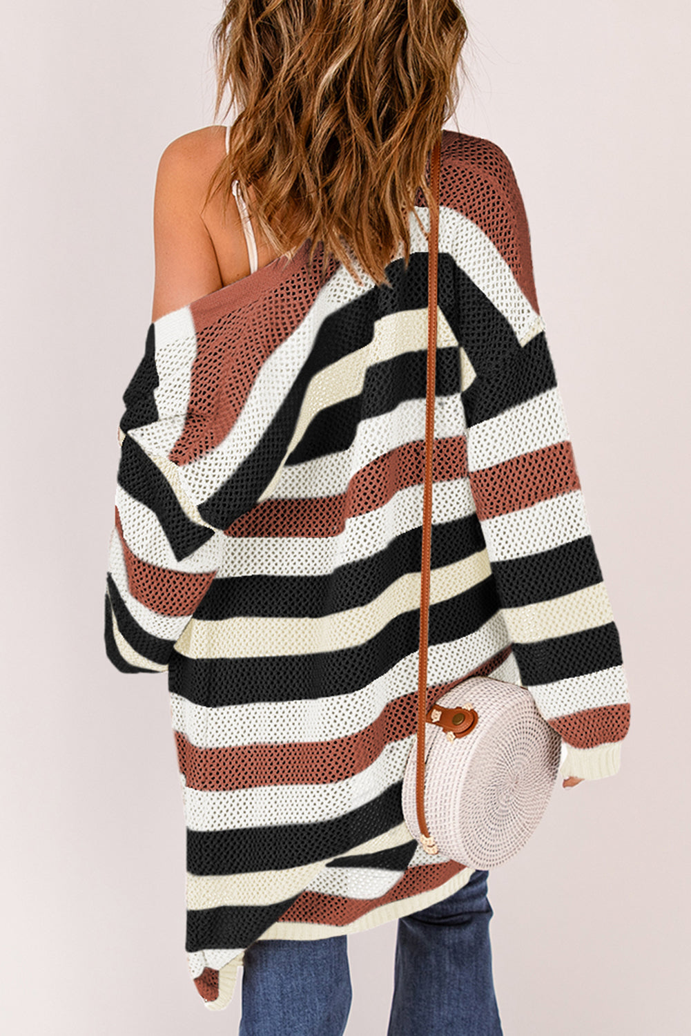 Multicolor Striped Color Block Hollowed Knit Cardigan