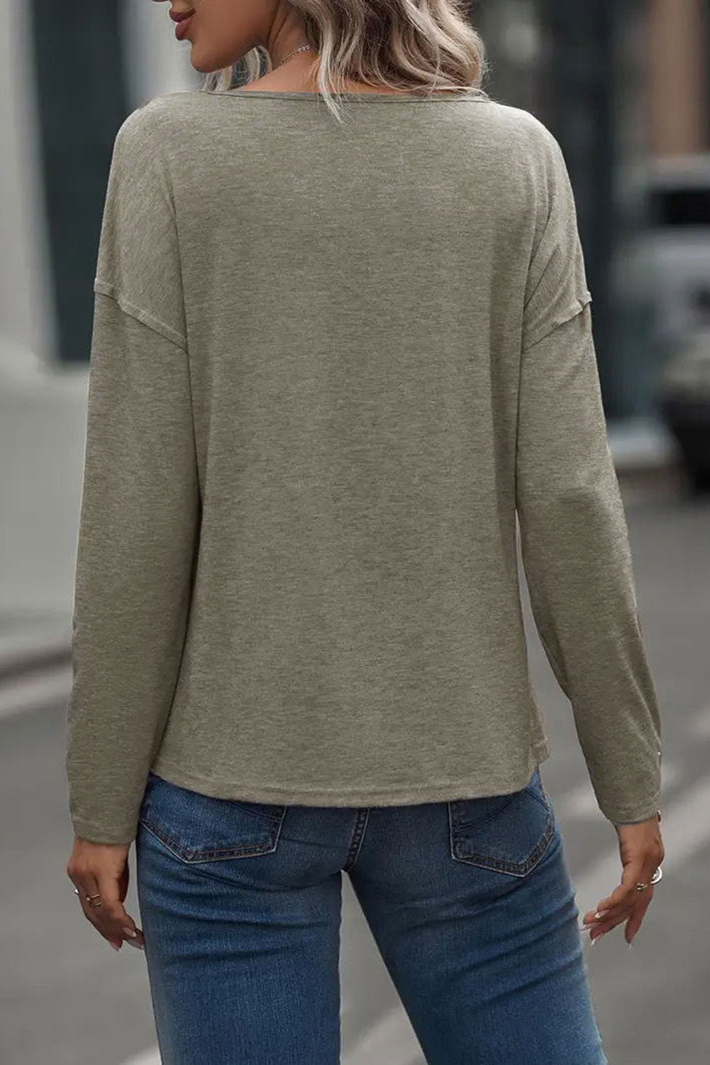 Khaki Long Sleeve V-Neck Stitching Henley Top