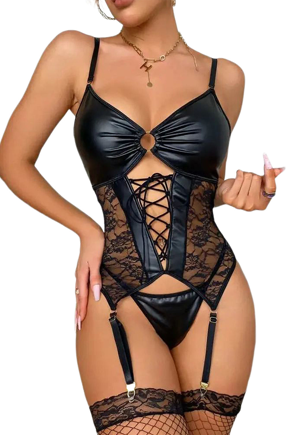 Black Leather Lace Up Sheer Splicing Teddy Lingerie with Thong
