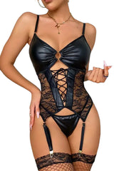 Black Leather Lace Up Sheer Splicing Teddy Lingerie with Thong