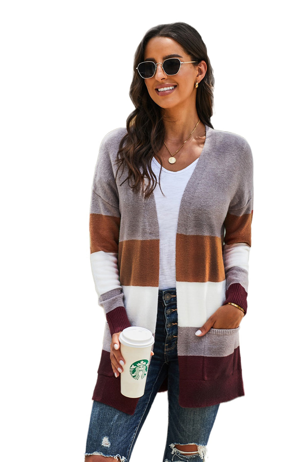 Khaki Open Front Colorblock Cardigan with Pockets