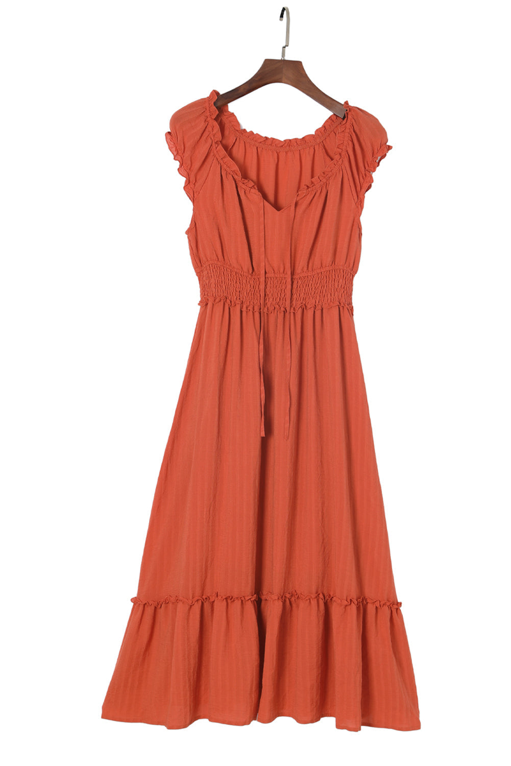 Puff Sleeve Tied V-Neck Smock Waist Frill Midi Dress