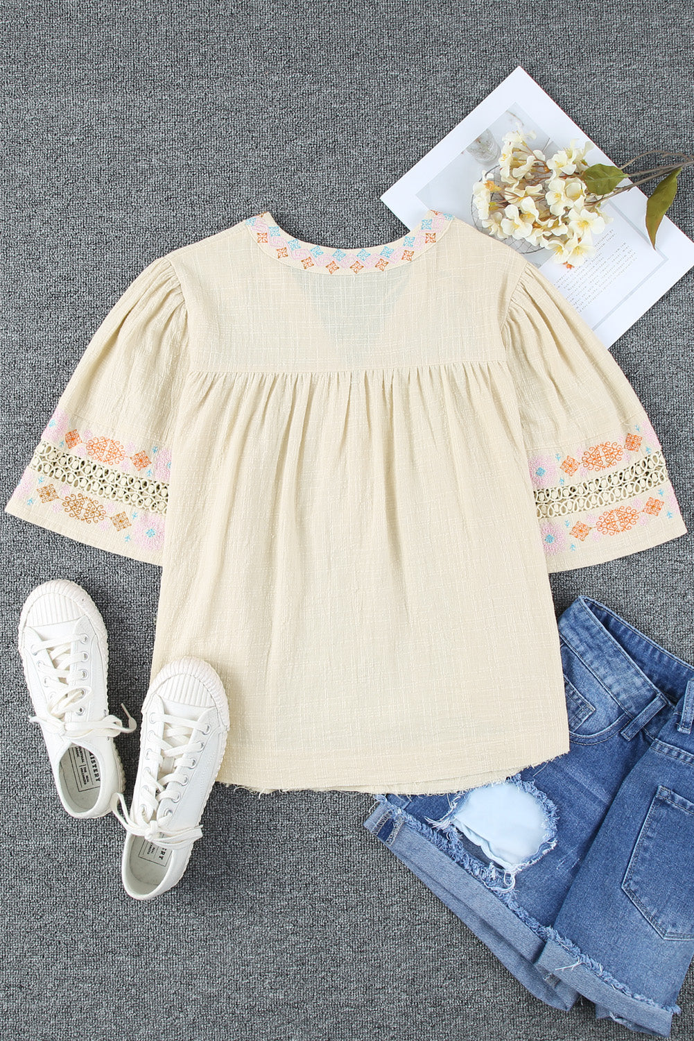 Beige Tassel Drawstring Embroidered Half Sleeve V Neck Top