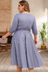 Gray Striped Tie Waist 3/4 Sleeve Plus Size Dress