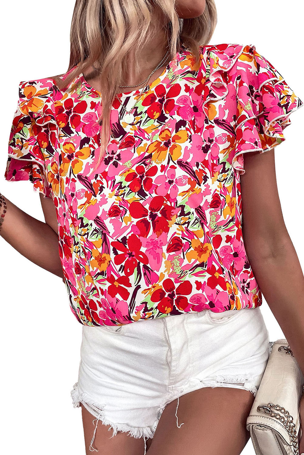 Red Floral Layered Sleeve Blouse