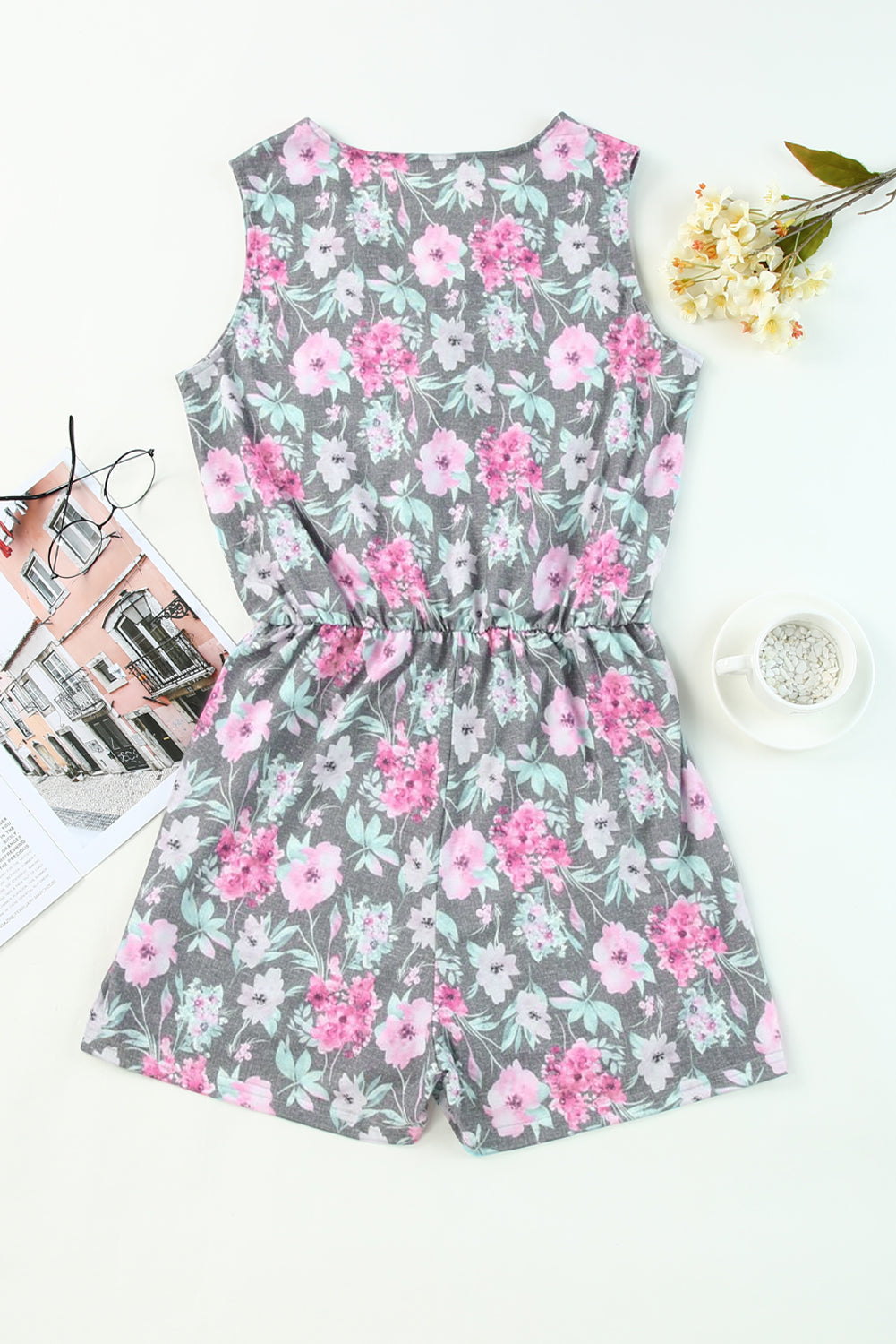 Gray Vintage Wash Floral Print Sleeveless Romper