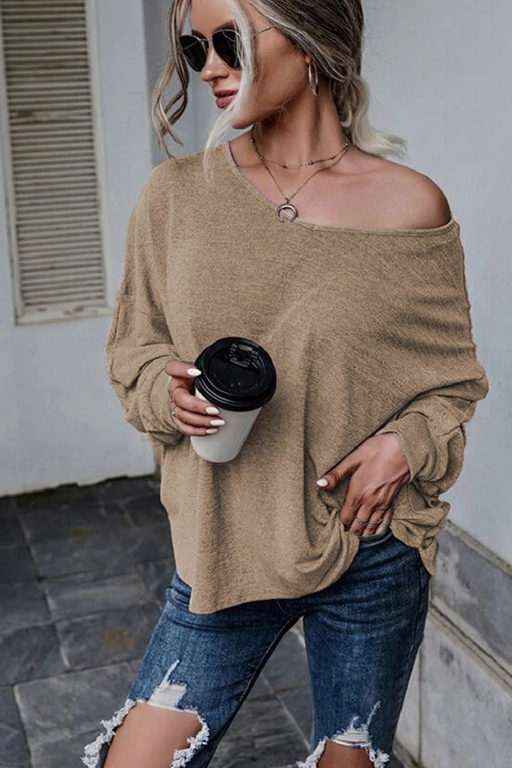 Khaki Tie Plunging Back Dolman Sleeve Oversize Top