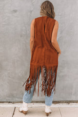Brown Faux Suede Cowgirl Fringed Sleeveless Long Cardigan