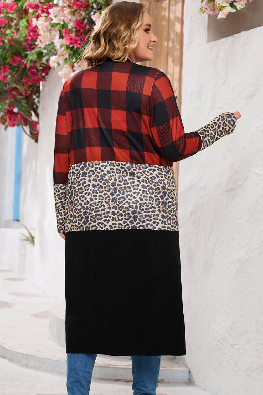 Red Buffalo Plaid Leopard Colorblock Plus Size Duster Cardigan