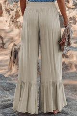 Khaki Smocked High Waist Ruffled Wide Leg Pants