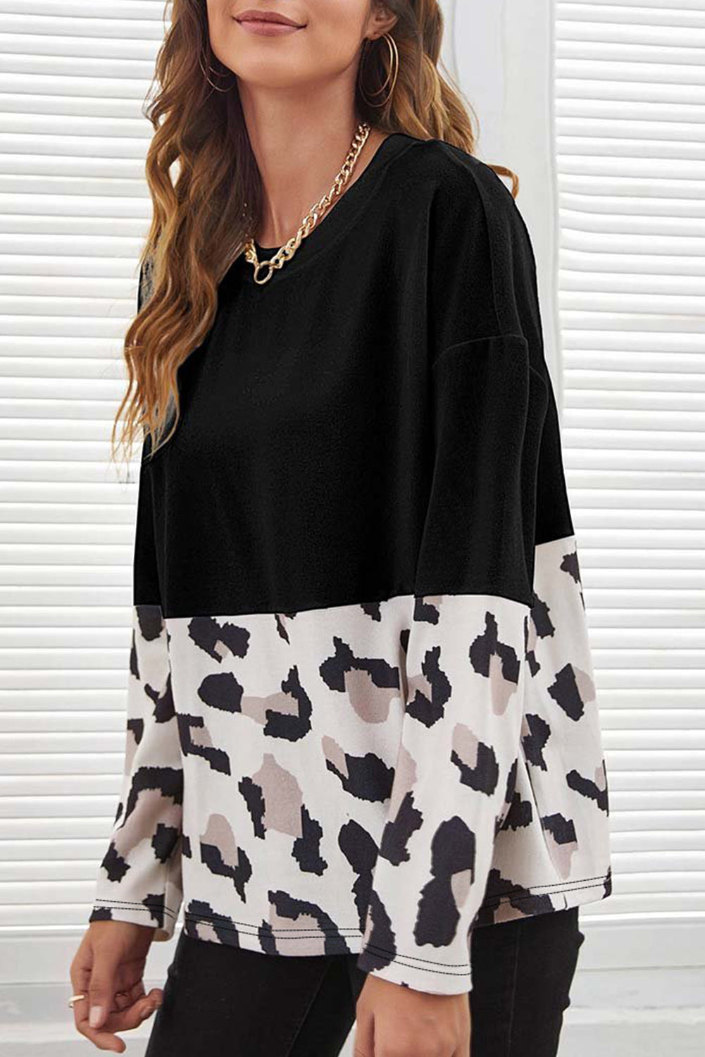 Black Leopard Color Block Long Sleeve Top