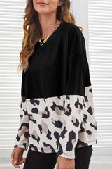 Black Leopard Color Block Long Sleeve Top