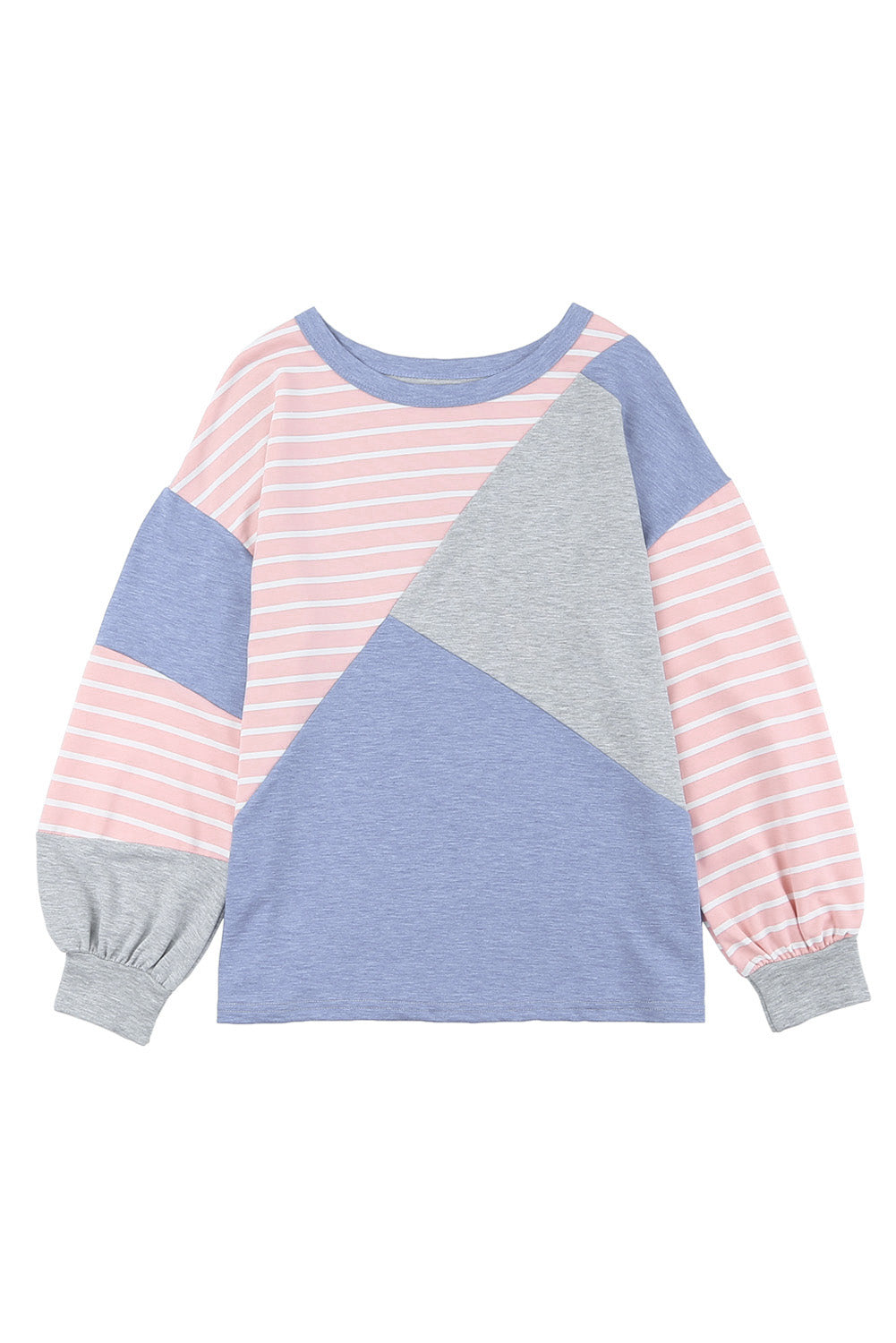 Sky Blue Striped Patchwork Color Block Long Sleeve Top